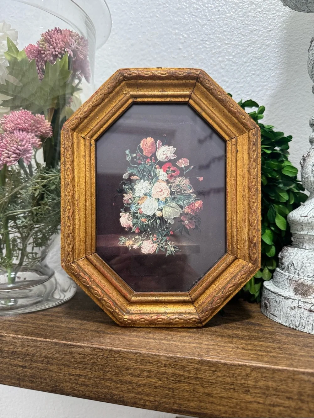 Vintage Italian Florentine Octagonal Gold Gilt Floral Print Art 9x7